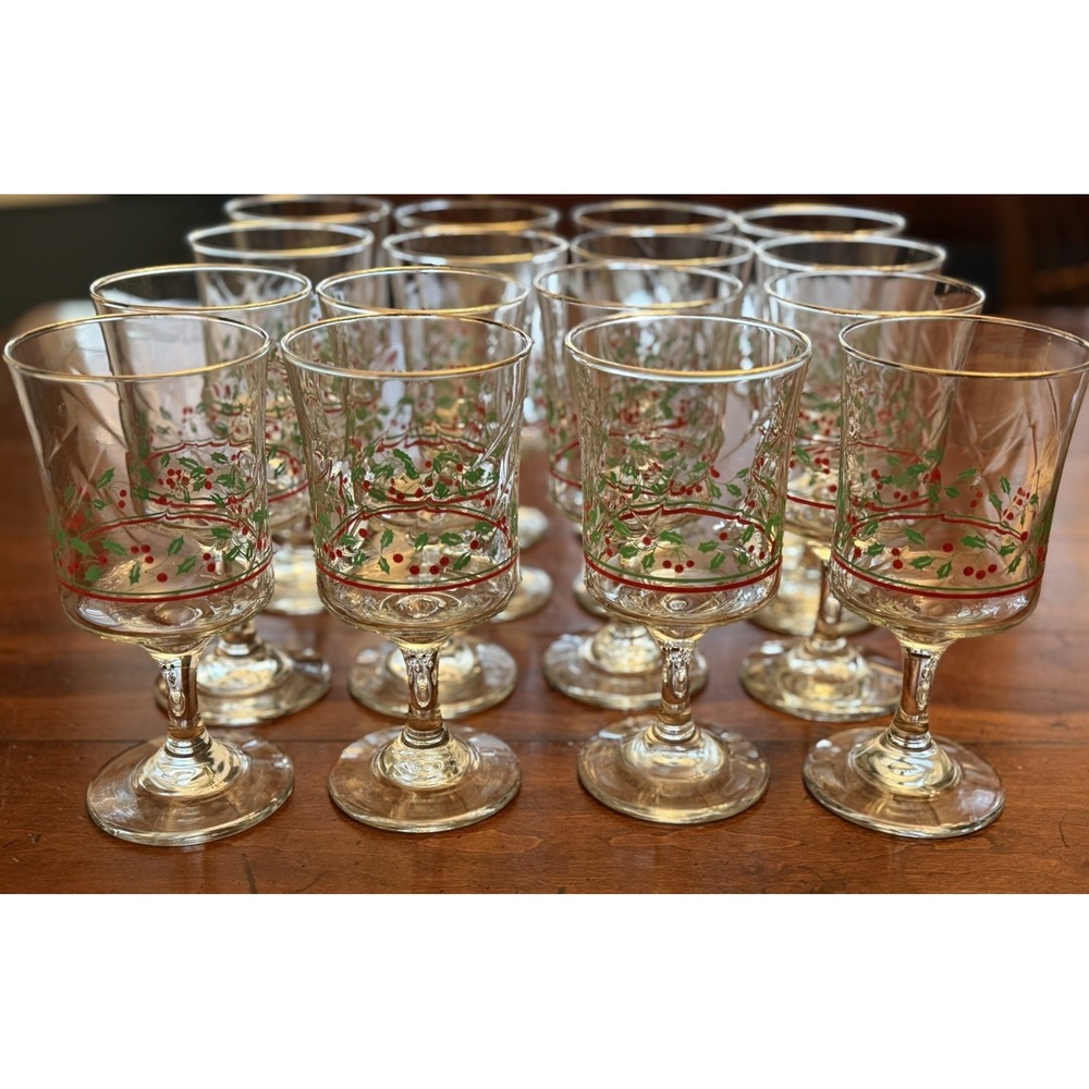 Vintage Arby's Christmas Holly Berry Wine Glasses Libbey 1986 Bow Stem Set of 8